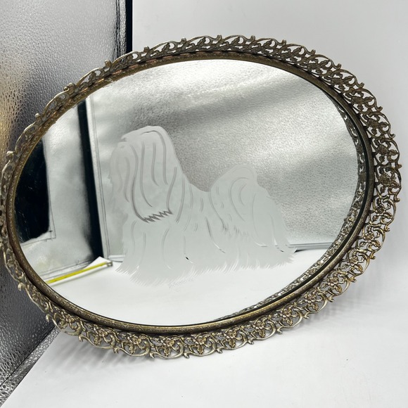 Vintage Hand Etched Brass Mirror Vanity Tray 1988 Dog Shih Tzu Glam - Picture 1 of 12